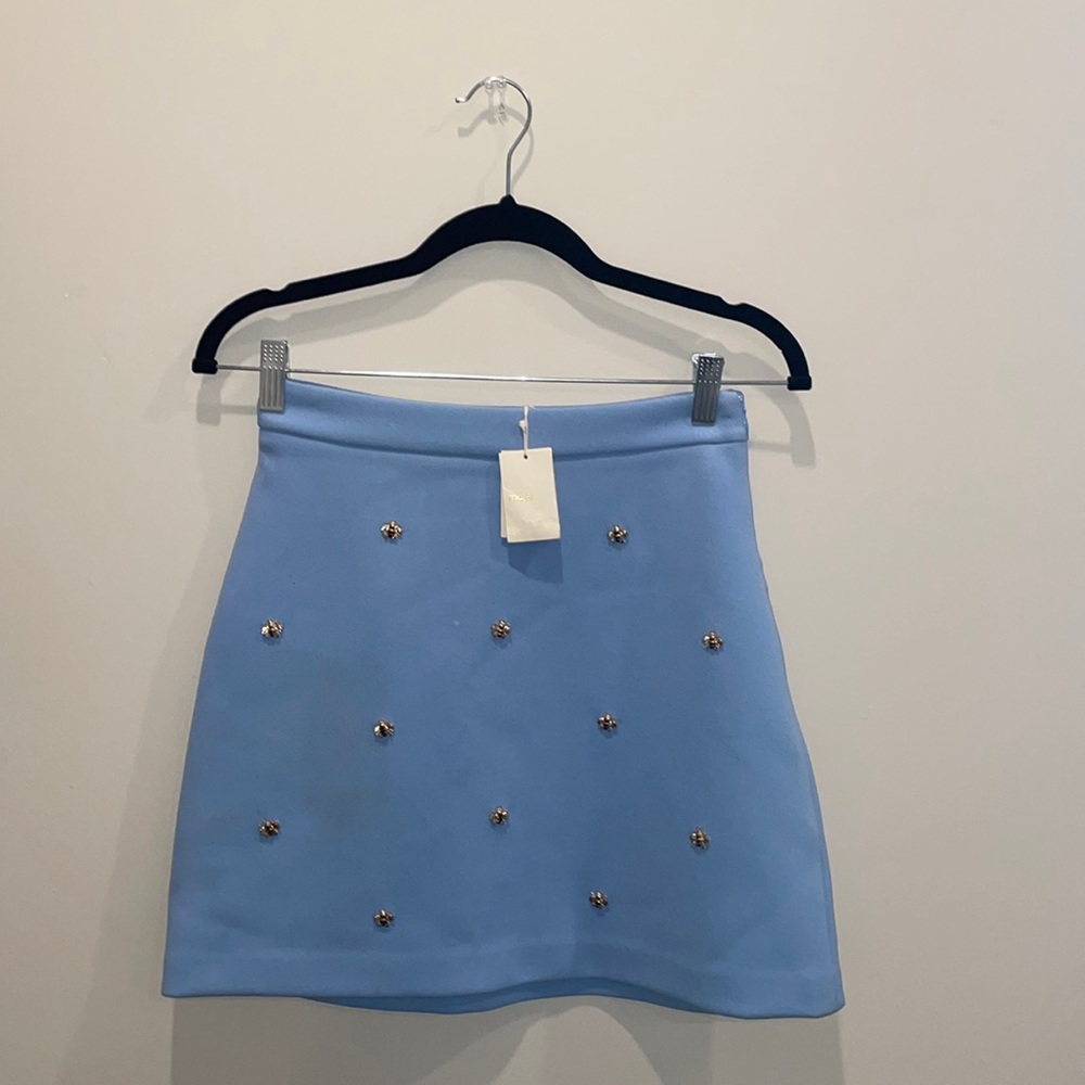 Maje Sky blue bee Embellished crepe mini skirt
